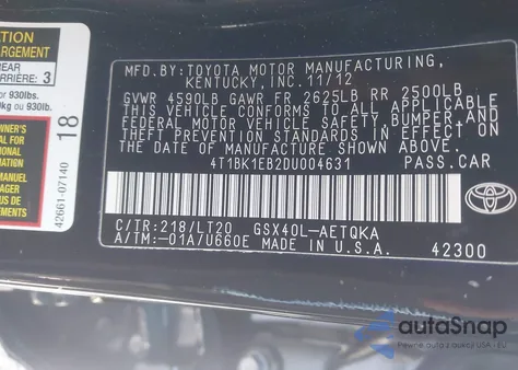 2013 Toyota Avalon Xle Touring из США, поврежденный, VIN 4T1BK1EB2DU004631